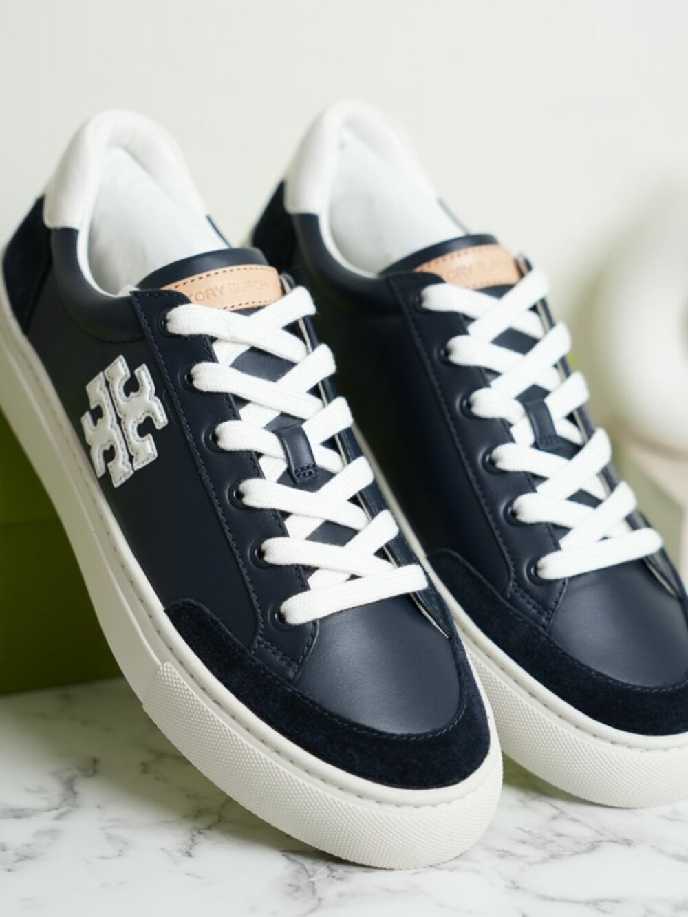 Tory Burch Color Block Signature T-Logo Leather Sneaker Shoes in Navy 161131